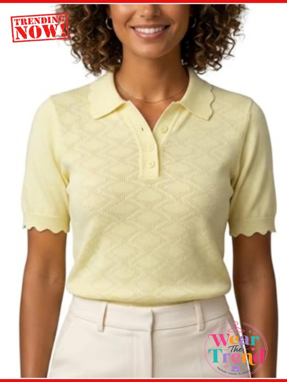 Pointelle Knit Short Sleeve Polo Shirt Scalloped Trim